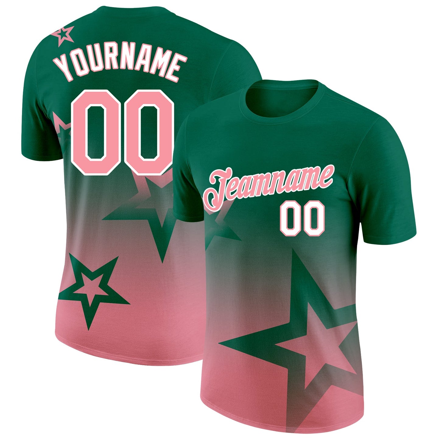 Custom Kelly Green Medium Pink-White 3D Pattern Design Gradient Style Twinkle Star Performance T-Shirt - Main View