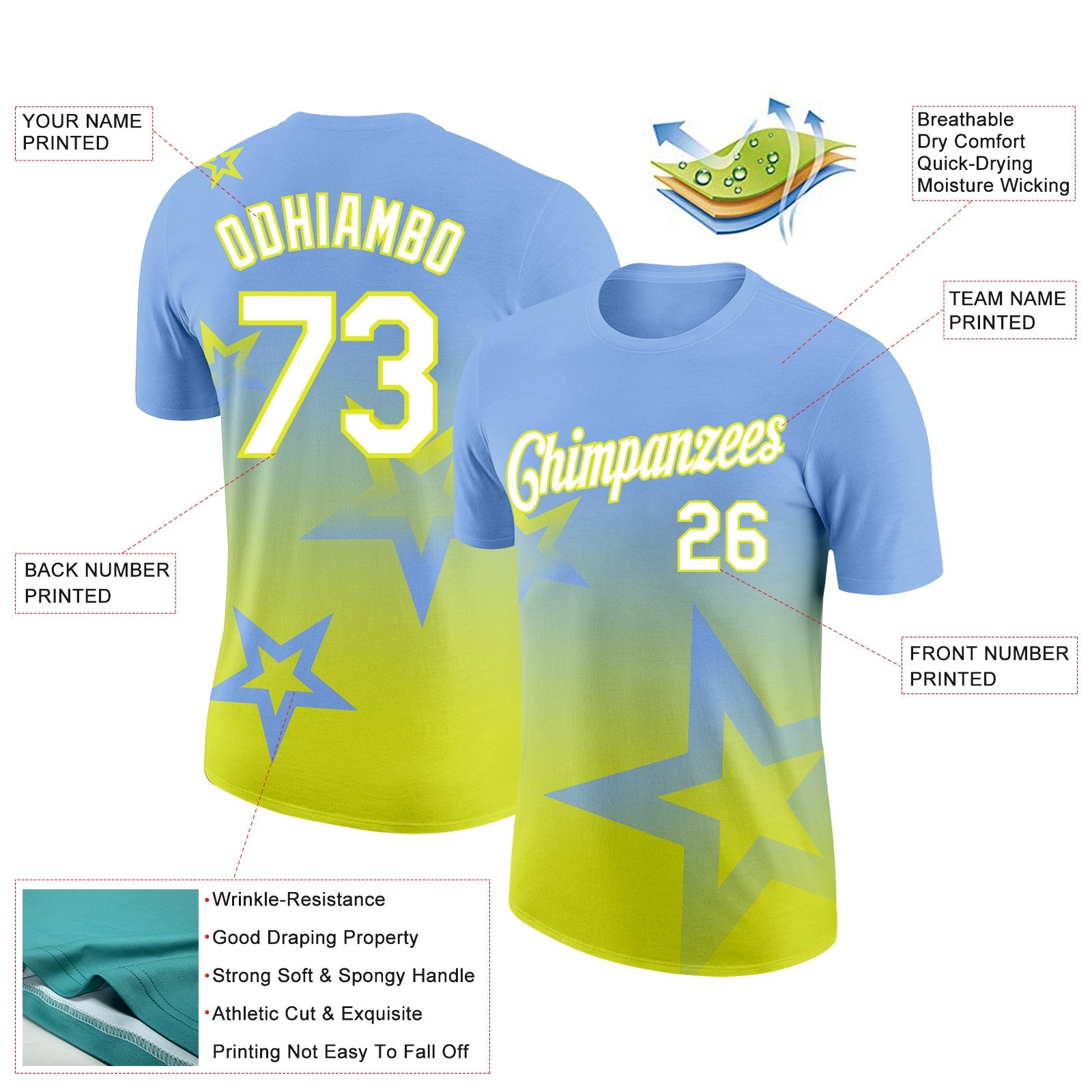 Custom Light Blue White-Neon Yellow 3D Pattern Design Gradient Style Twinkle Star Performance T-Shirt view 2