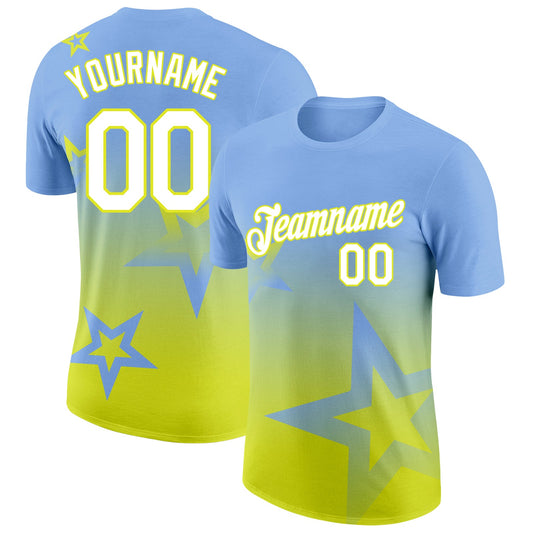 Custom Light Blue White-Neon Yellow 3D Pattern Design Gradient Style Twinkle Star Performance T-Shirt - Main View