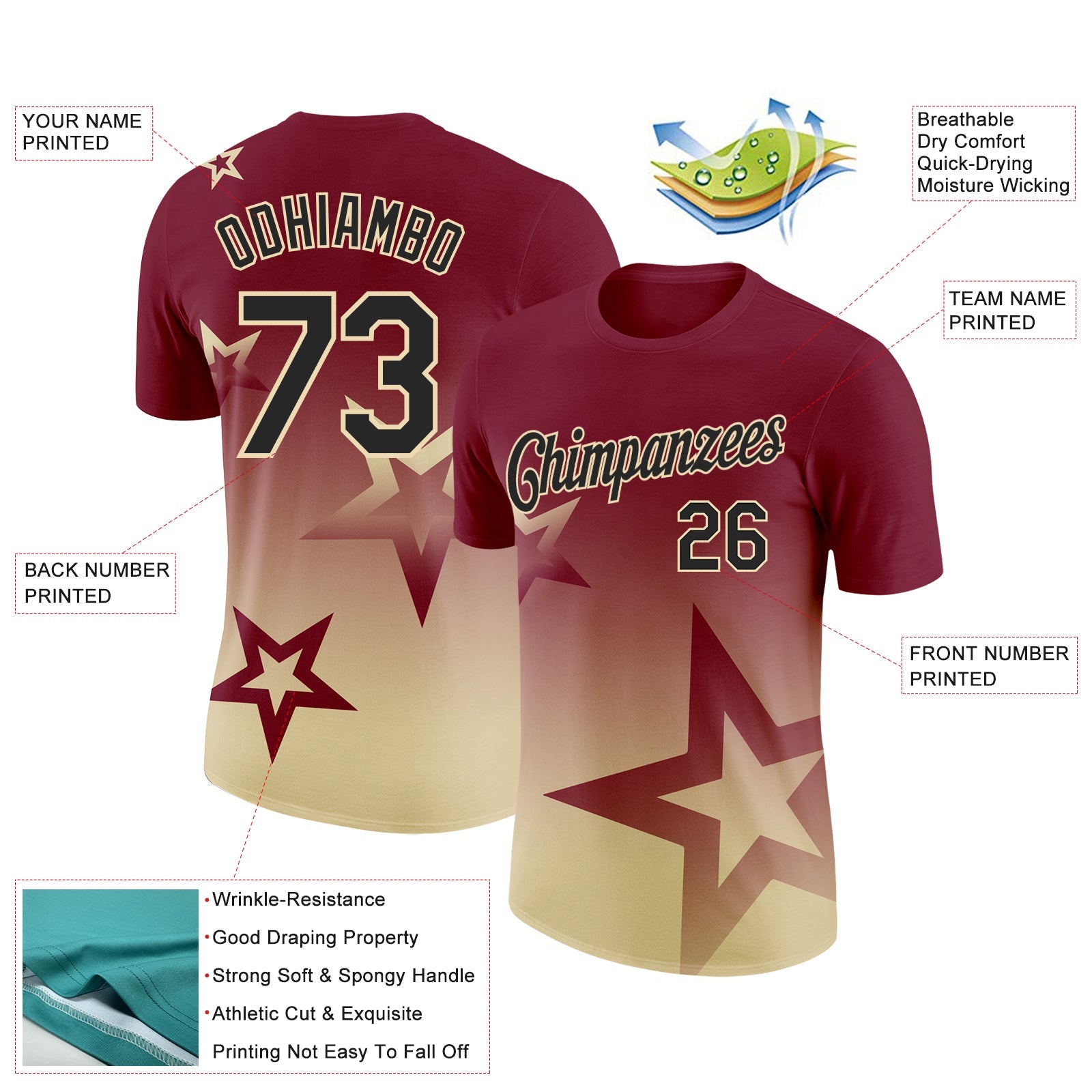 Custom Crimson Black-Cream 3D Pattern Design Gradient Style Twinkle Star Performance T-Shirt view 2
