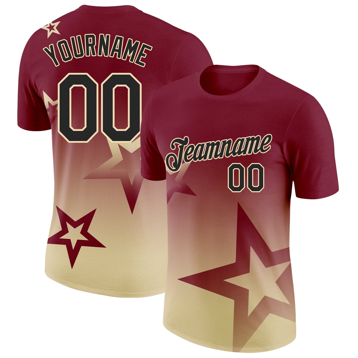 Custom Crimson Black-Cream 3D Pattern Design Gradient Style Twinkle Star Performance T-Shirt - Main View