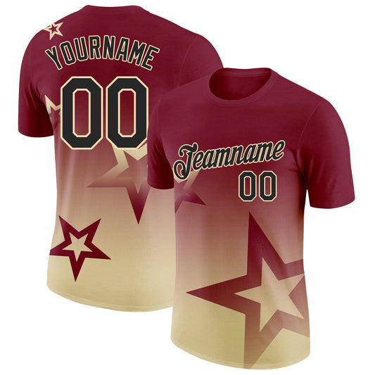 Custom Crimson Black-Cream 3D Pattern Design Gradient Style Twinkle Star Performance T-Shirt - Main View