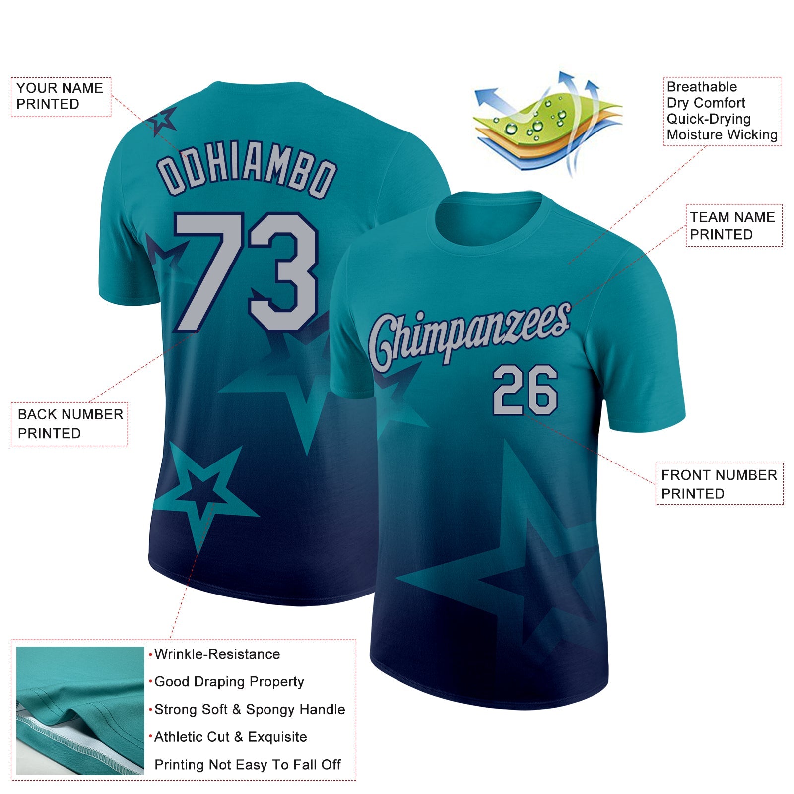 Custom Teal Gray-Navy 3D Pattern Design Gradient Style Twinkle Star Performance T-Shirt view 2