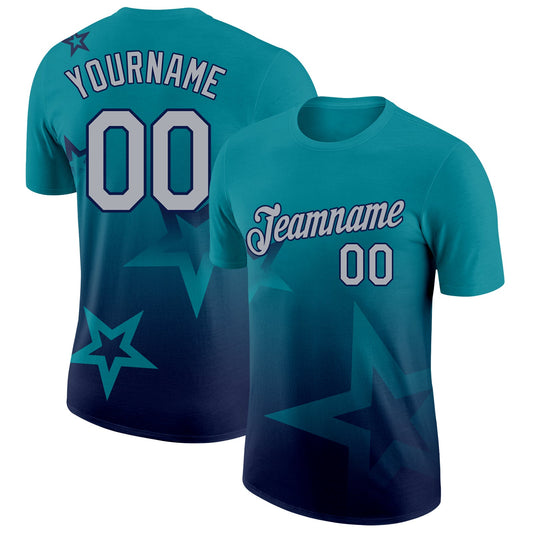 Custom Teal Gray-Navy 3D Pattern Design Gradient Style Twinkle Star Performance T-Shirt - Main View
