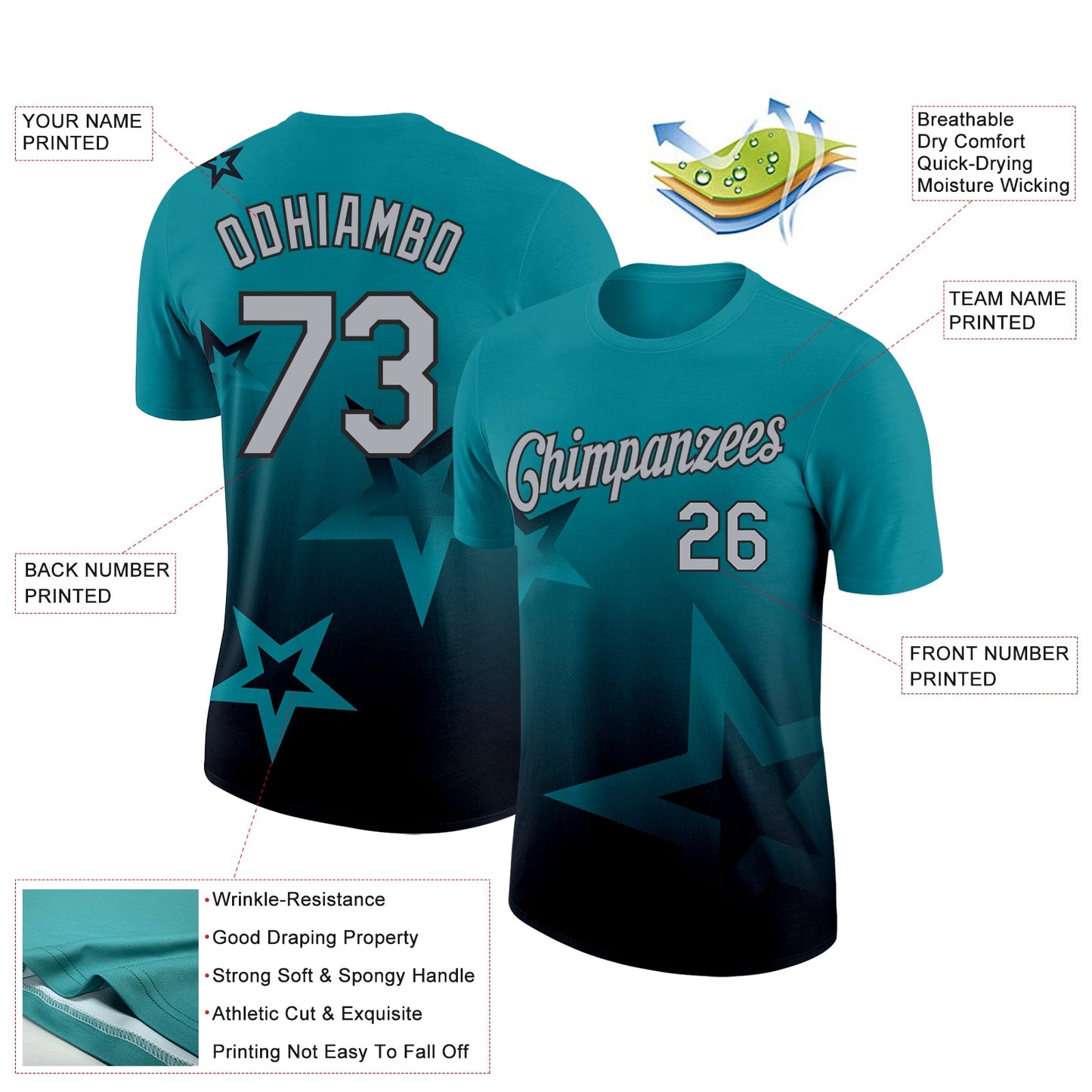 Custom Teal Gray-Black 3D Pattern Design Gradient Style Twinkle Star Performance T-Shirt view 2