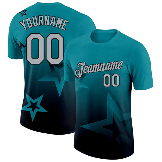 Custom Teal Gray-Black 3D Pattern Design Gradient Style Twinkle Star Performance T-Shirt - Main View