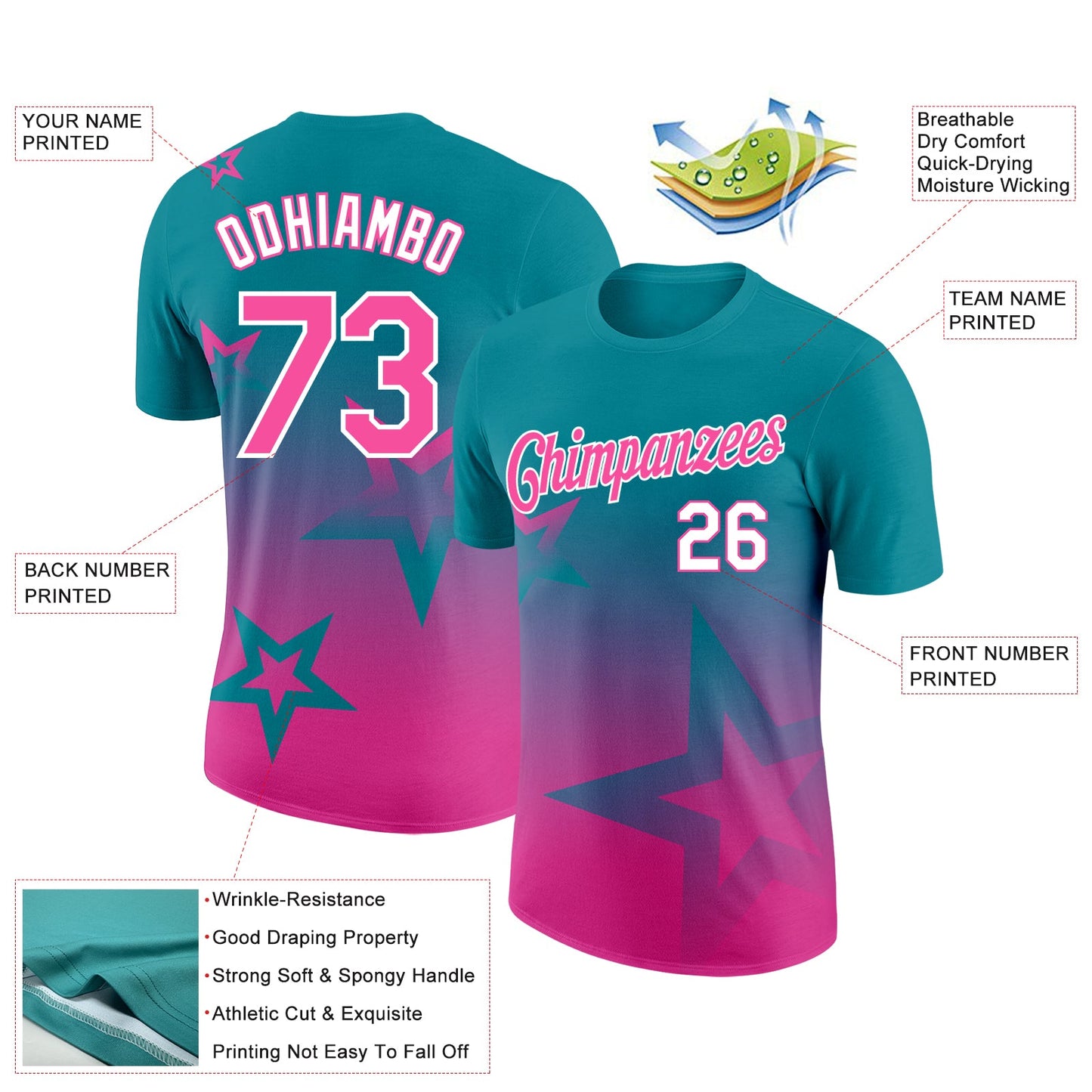Custom Teal Pink-White 3D Pattern Design Gradient Style Twinkle Star Performance T-Shirt view 2