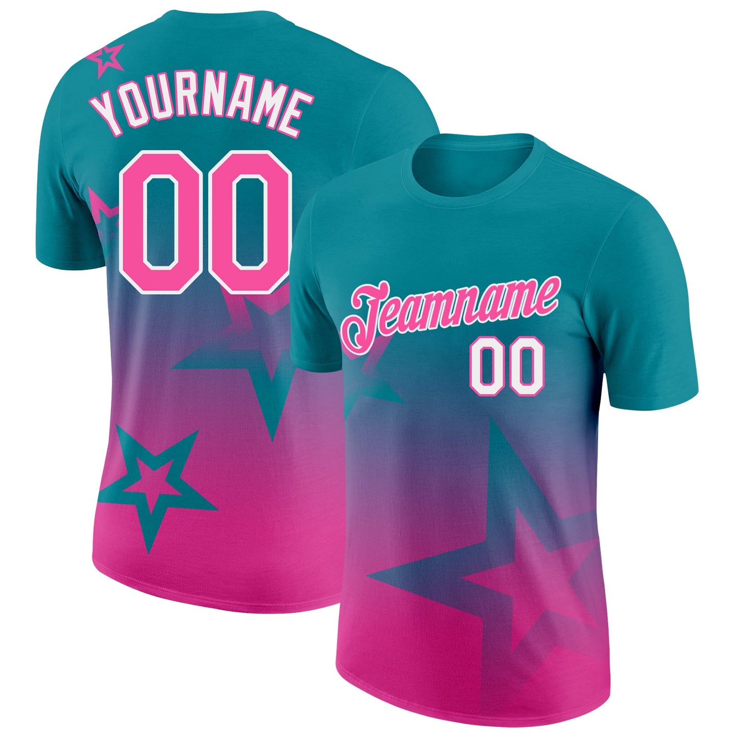 Custom Teal Pink-White 3D Pattern Design Gradient Style Twinkle Star Performance T-Shirt - Main View