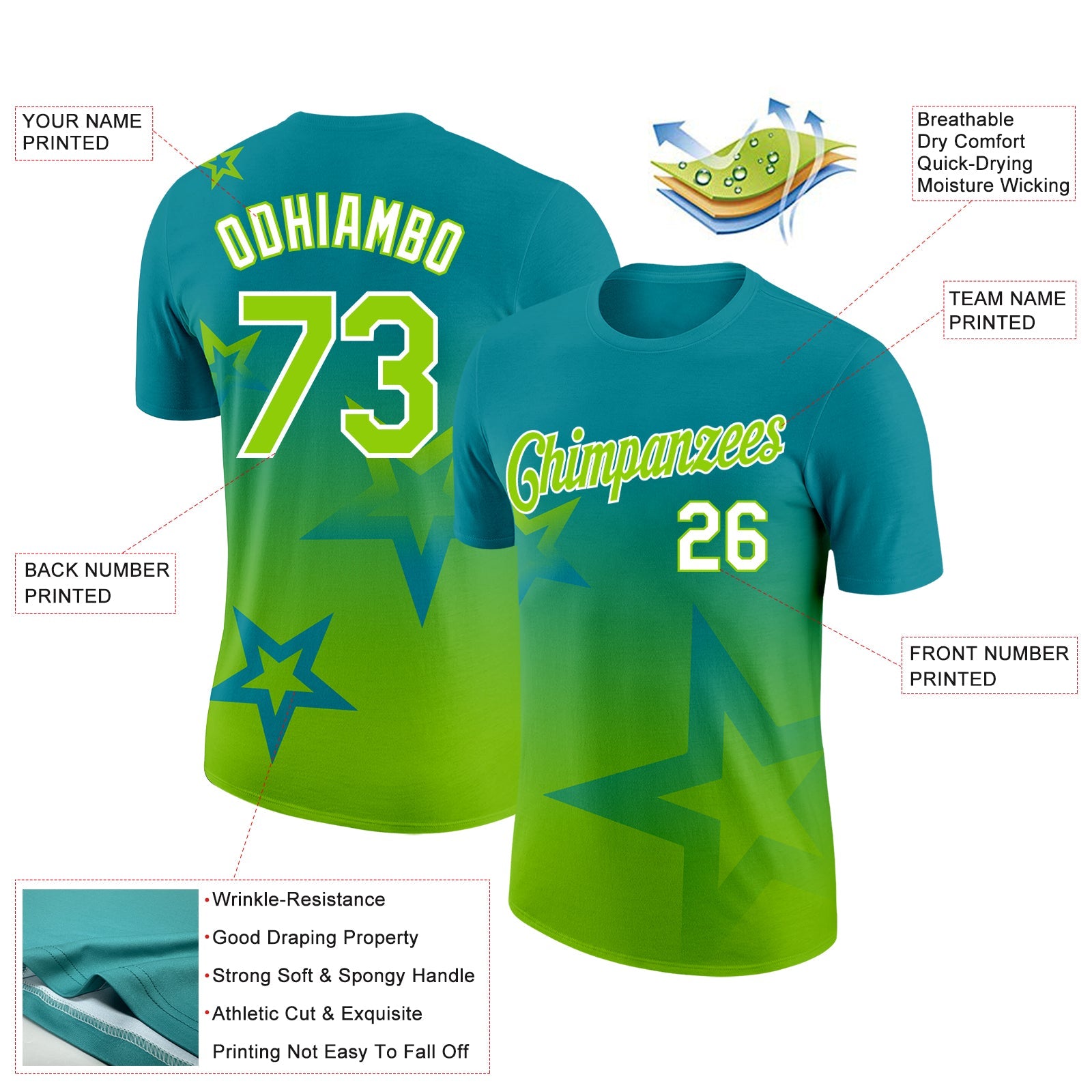 Custom Teal Neon Green-White 3D Pattern Design Gradient Style Twinkle Star Performance T-Shirt view 2