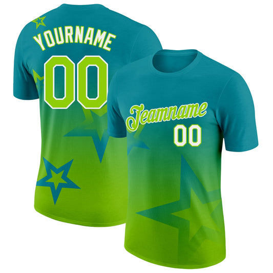 Custom Teal Neon Green-White 3D Pattern Design Gradient Style Twinkle Star Performance T-Shirt - Main View