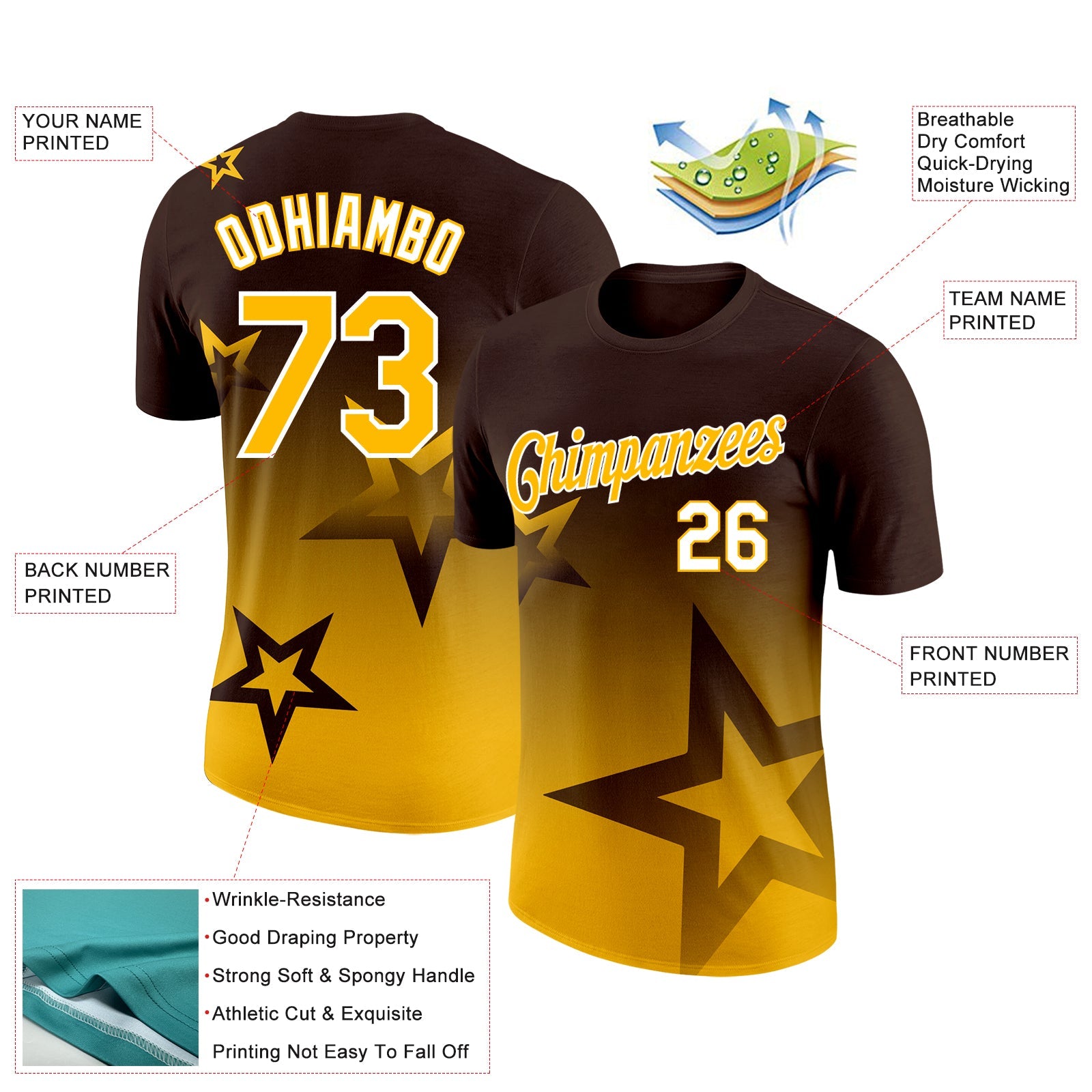 Custom Brown Gold-White 3D Pattern Design Gradient Style Twinkle Star Performance T-Shirt view 2