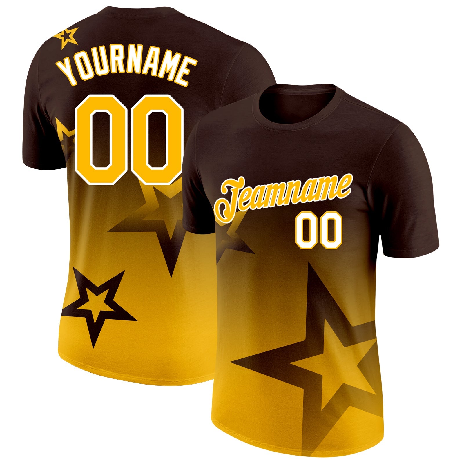 Custom Brown Gold-White 3D Pattern Design Gradient Style Twinkle Star Performance T-Shirt - Main View