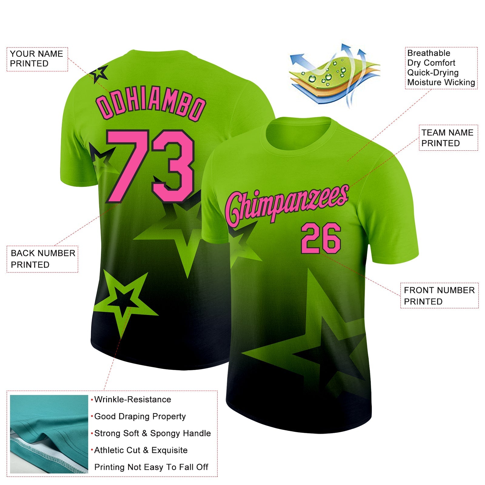 Custom Neon Green Pink-Black 3D Pattern Design Gradient Style Twinkle Star Performance T-Shirt view 2