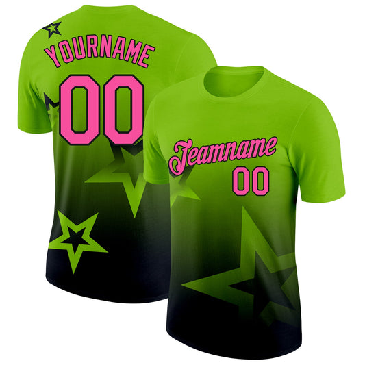 Custom Neon Green Pink-Black 3D Pattern Design Gradient Style Twinkle Star Performance T-Shirt - Main View