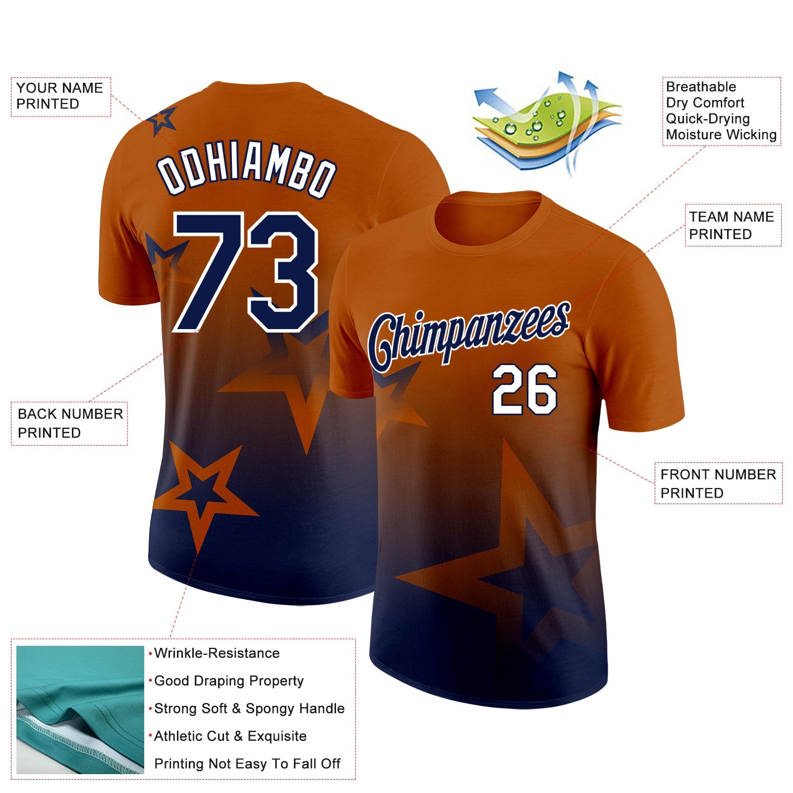 Custom Texas Orange Navy-White 3D Pattern Design Gradient Style Twinkle Star Performance T-Shirt view 2