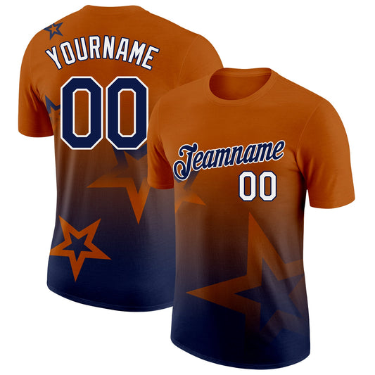 Custom Texas Orange Navy-White 3D Pattern Design Gradient Style Twinkle Star Performance T-Shirt - Main View