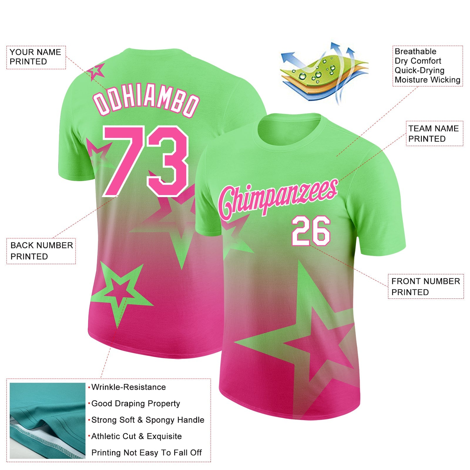 Custom Pea Green Pink-White 3D Pattern Design Gradient Style Twinkle Star Performance T-Shirt view 2