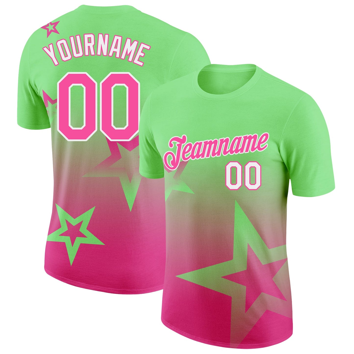 Custom Pea Green Pink-White 3D Pattern Design Gradient Style Twinkle Star Performance T-Shirt - Main View