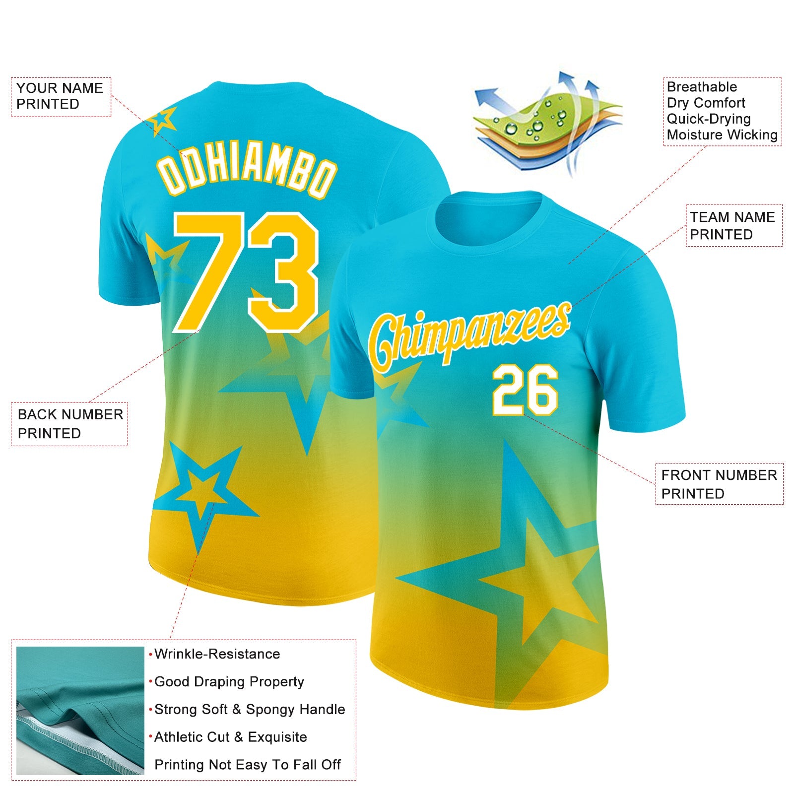 Custom Lakes Blue Yellow-White 3D Pattern Design Gradient Style Twinkle Star Performance T-Shirt view 2