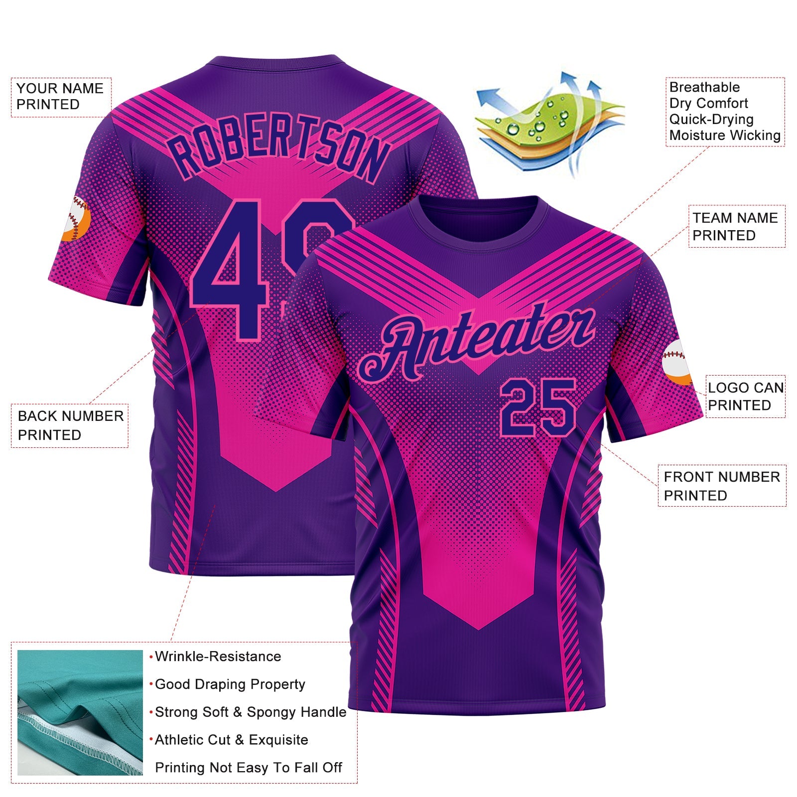 Custom Dark Purple Pink 3D Pattern Design Gradient Neon Sportswear Performance T-Shirt view 2