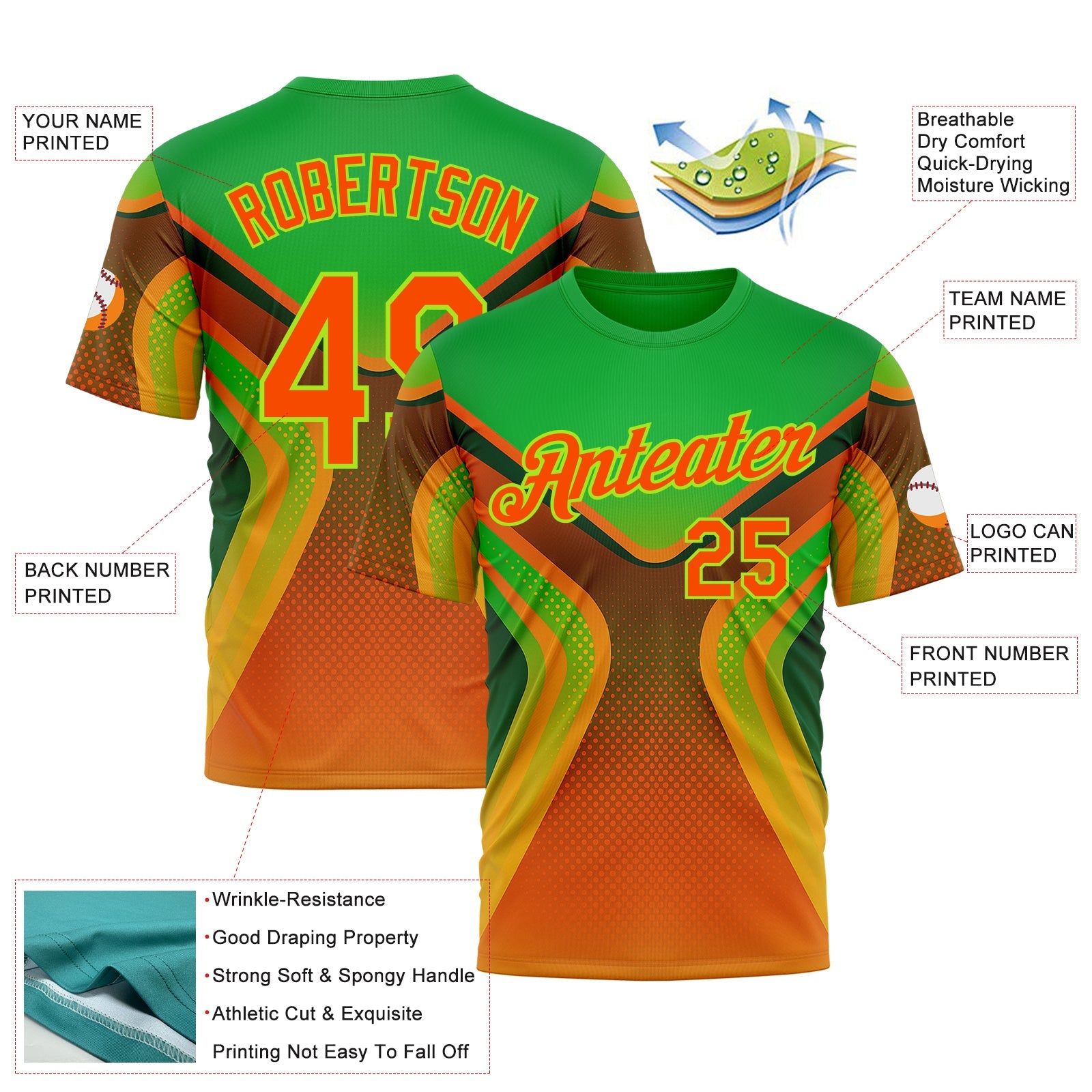 Custom Green Orange-Neon Green 3D Pattern Design Africa Neon Sportswear Performance T-Shirt view 2