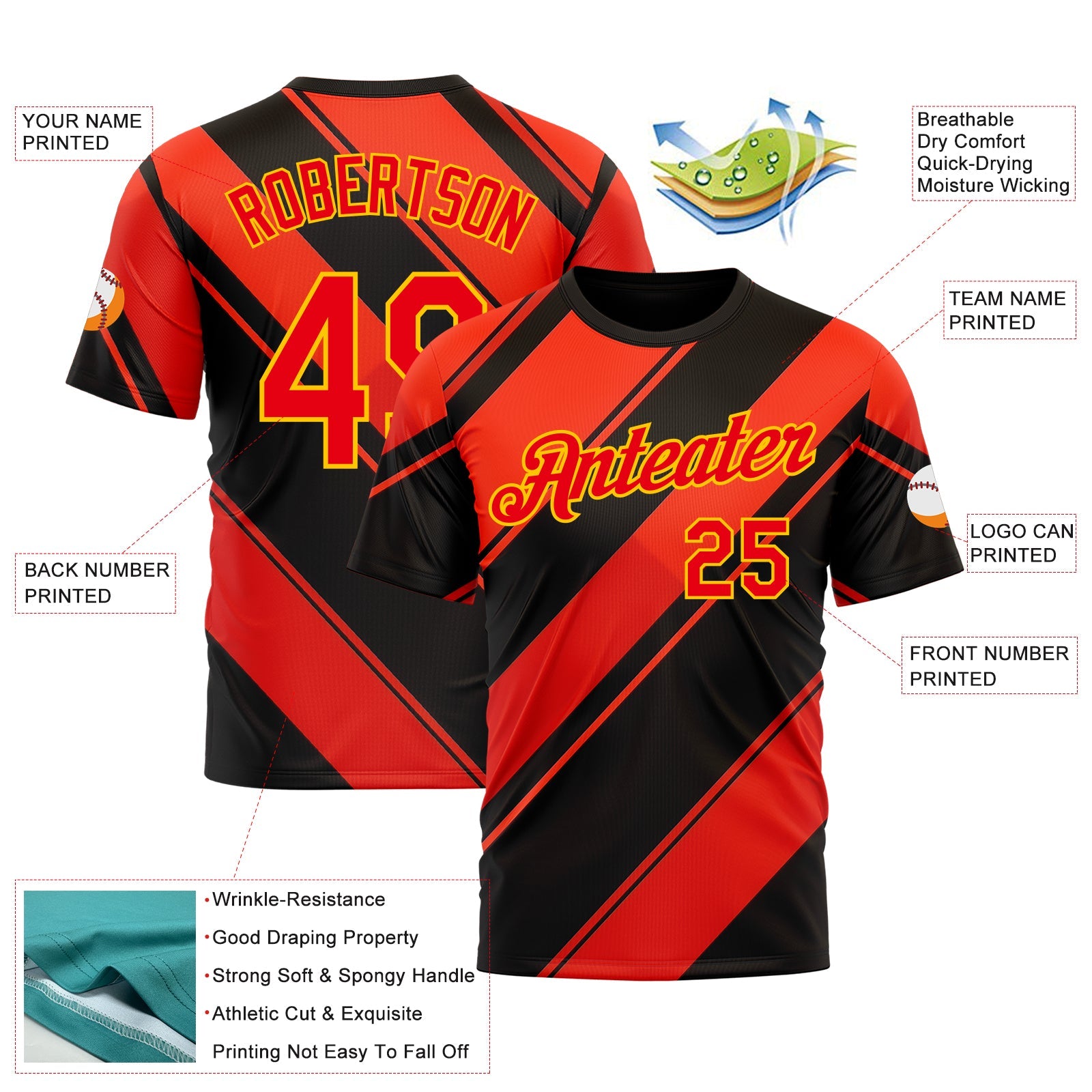 Custom Black Fire Red-Yellow 3D Pattern Design Patriot USA Heat Sportswear Performance T-Shirt view 2