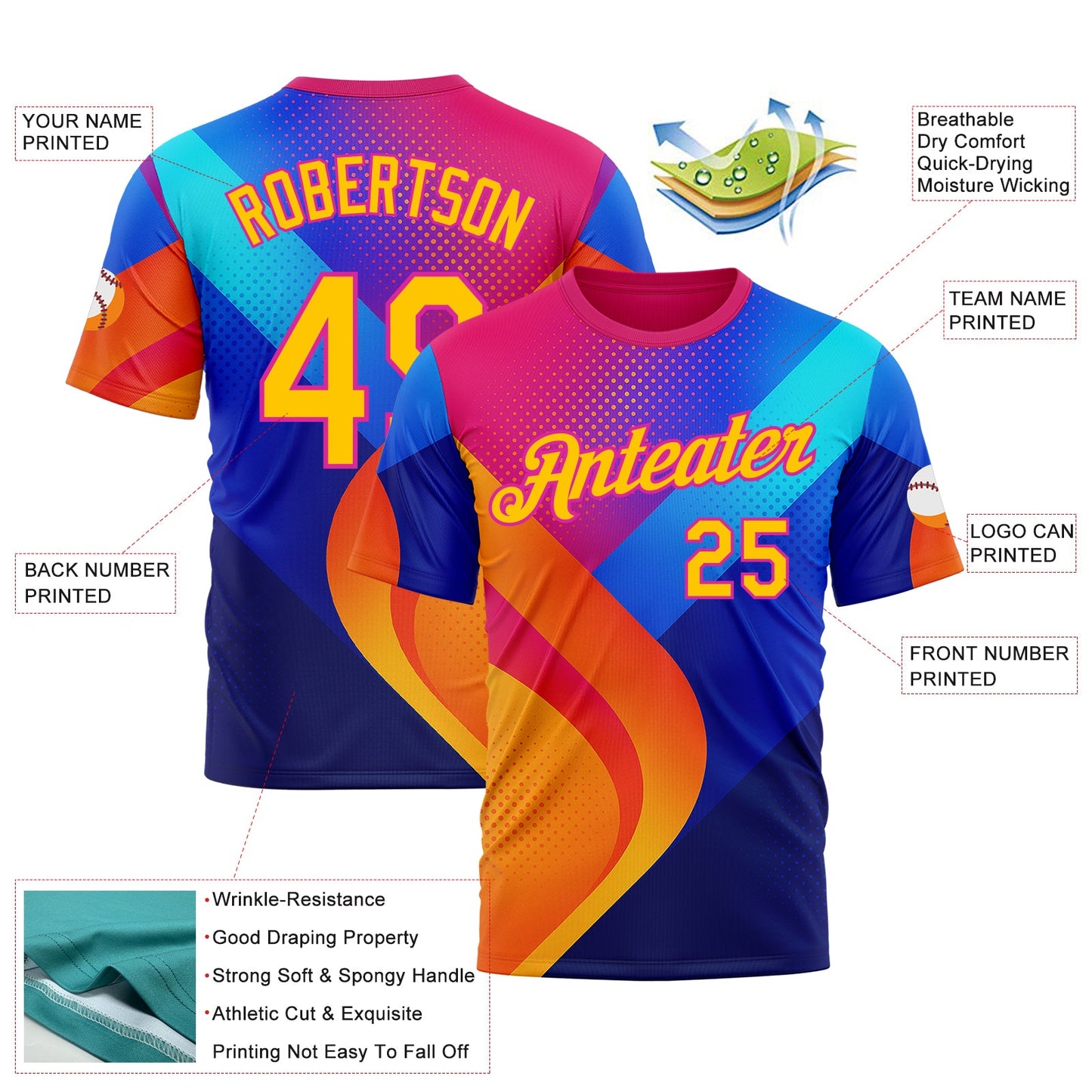 Custom Deep Pink Yellow-Blue 3D Pattern Design Neon Chromatic Sportswear Performance T-Shirt view 2