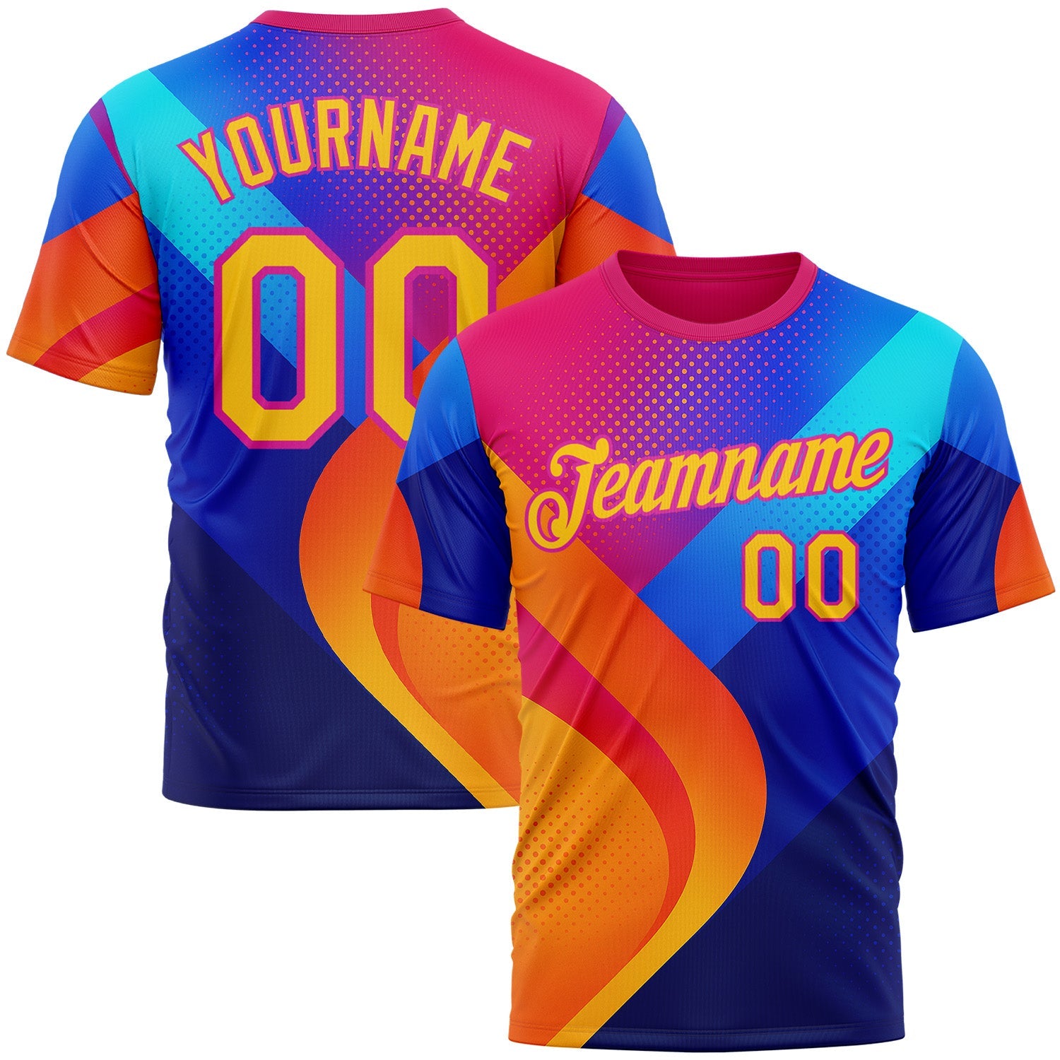 Custom Deep Pink Yellow-Blue 3D Pattern Design Neon Chromatic Sportswear Performance T-Shirt - Main View