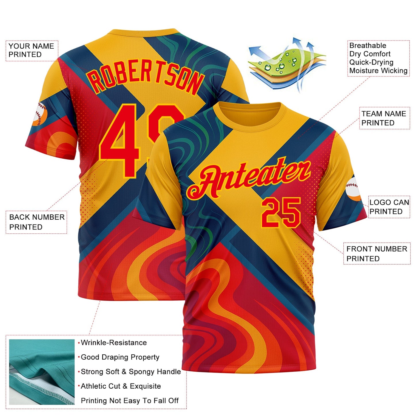 Custom Yellow Fire Red-Blue 3D Pattern Design Spain Marble Sportswear Performance T-Shirt view 2