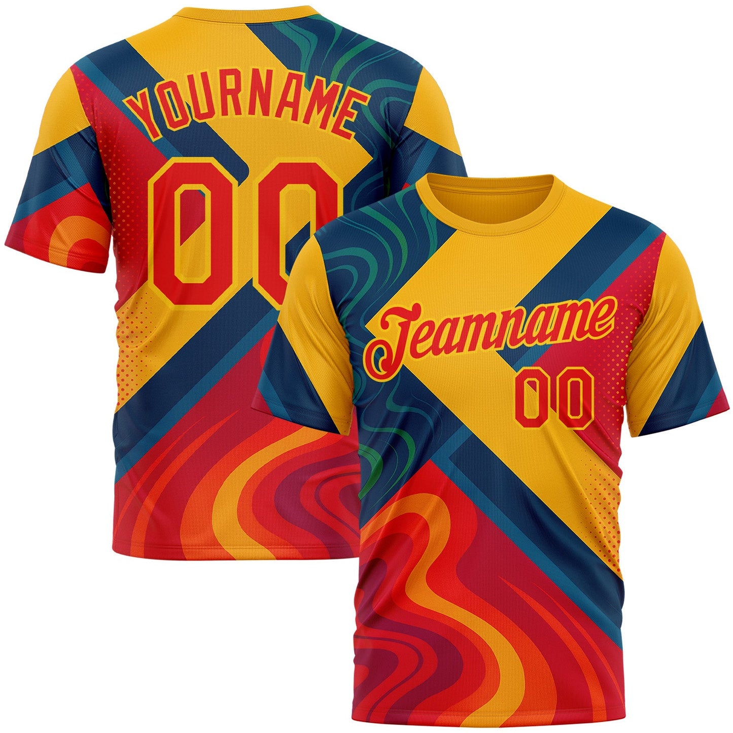 Custom Yellow Fire Red-Blue 3D Pattern Design Spain Marble Sportswear Performance T-Shirt - Main View