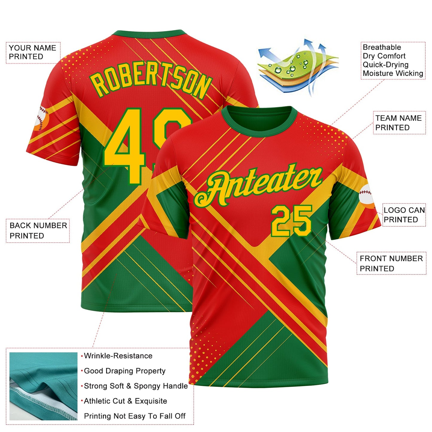 Custom Red Yellow-Grass Green 3D Pattern Design Mexico Brazil Sportswear Performance T-Shirt view 2