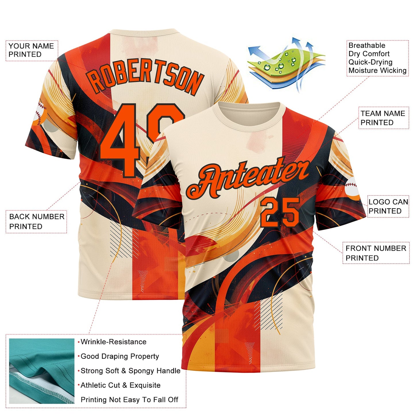 Custom Cream Orange-Black 3D Pattern Design Canada Geometric Shape Sportswear Performance T-Shirt view 2
