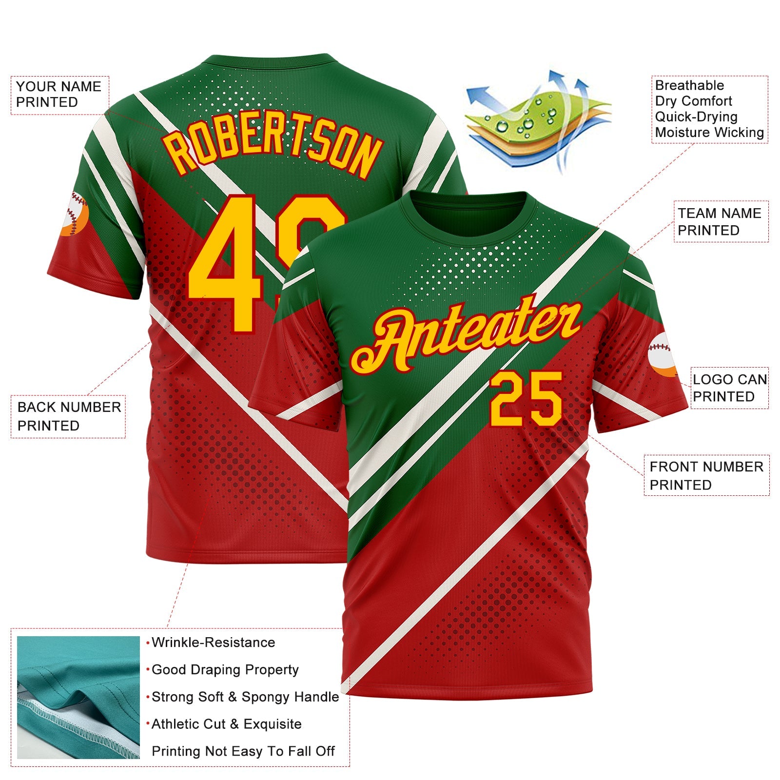 Custom Green Yellow Red-White 3D Pattern Design Mexico Africa Sportswear Performance T-Shirt view 2