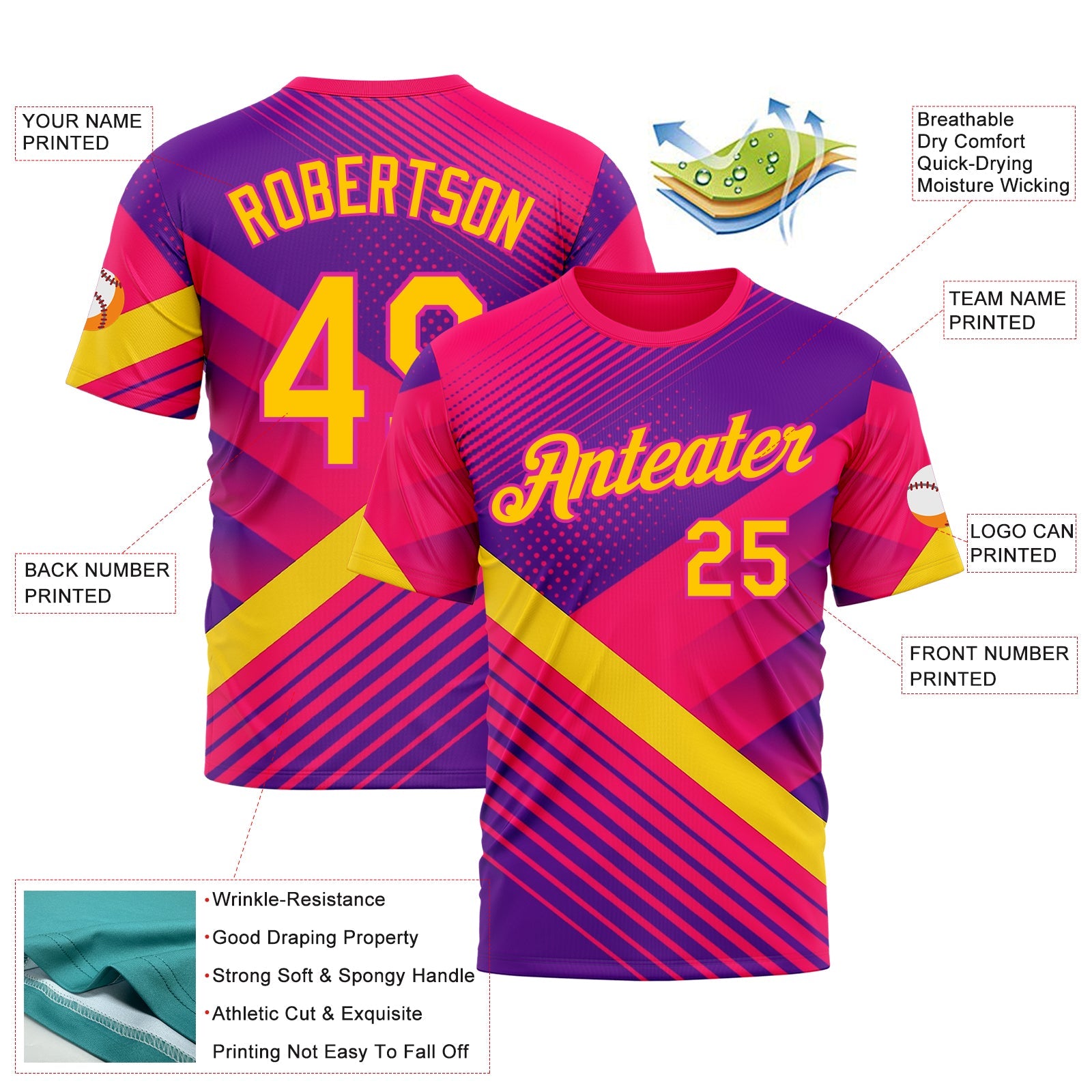 Custom Pink Yellow Purple-Deep Pink 3D Pattern Design Gradient Neon Sportswear Performance T-Shirt view 2