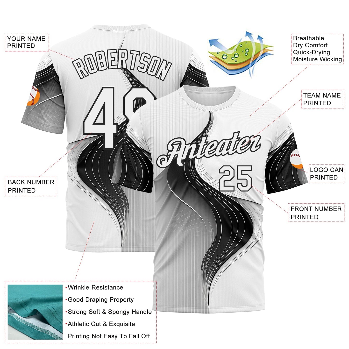 Custom White Black 3D Pattern Design Monochrome Curve Line Sportswear Performance T-Shirt view 2