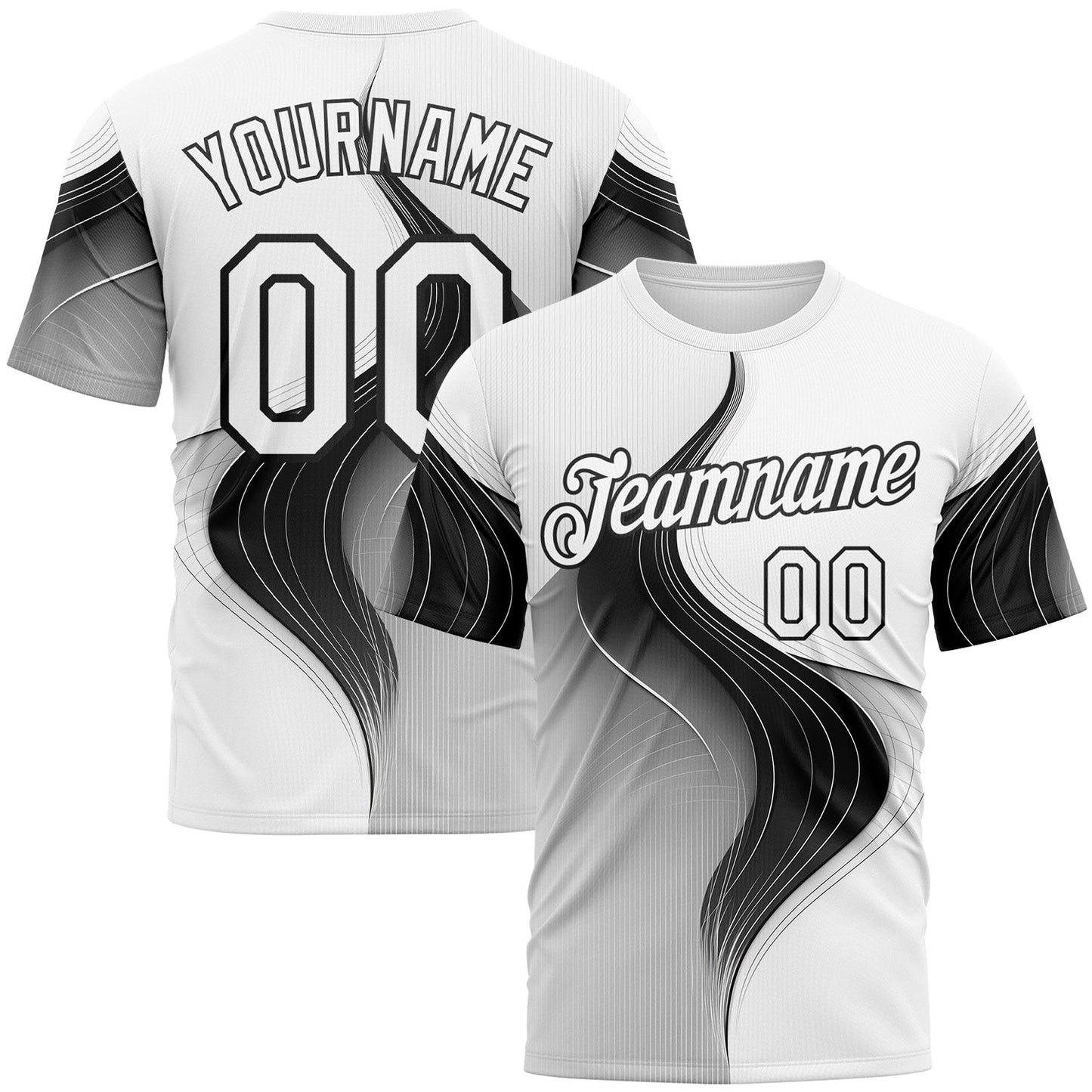 Custom White Black 3D Pattern Design Monochrome Curve Line Sportswear Performance T-Shirt - Main View