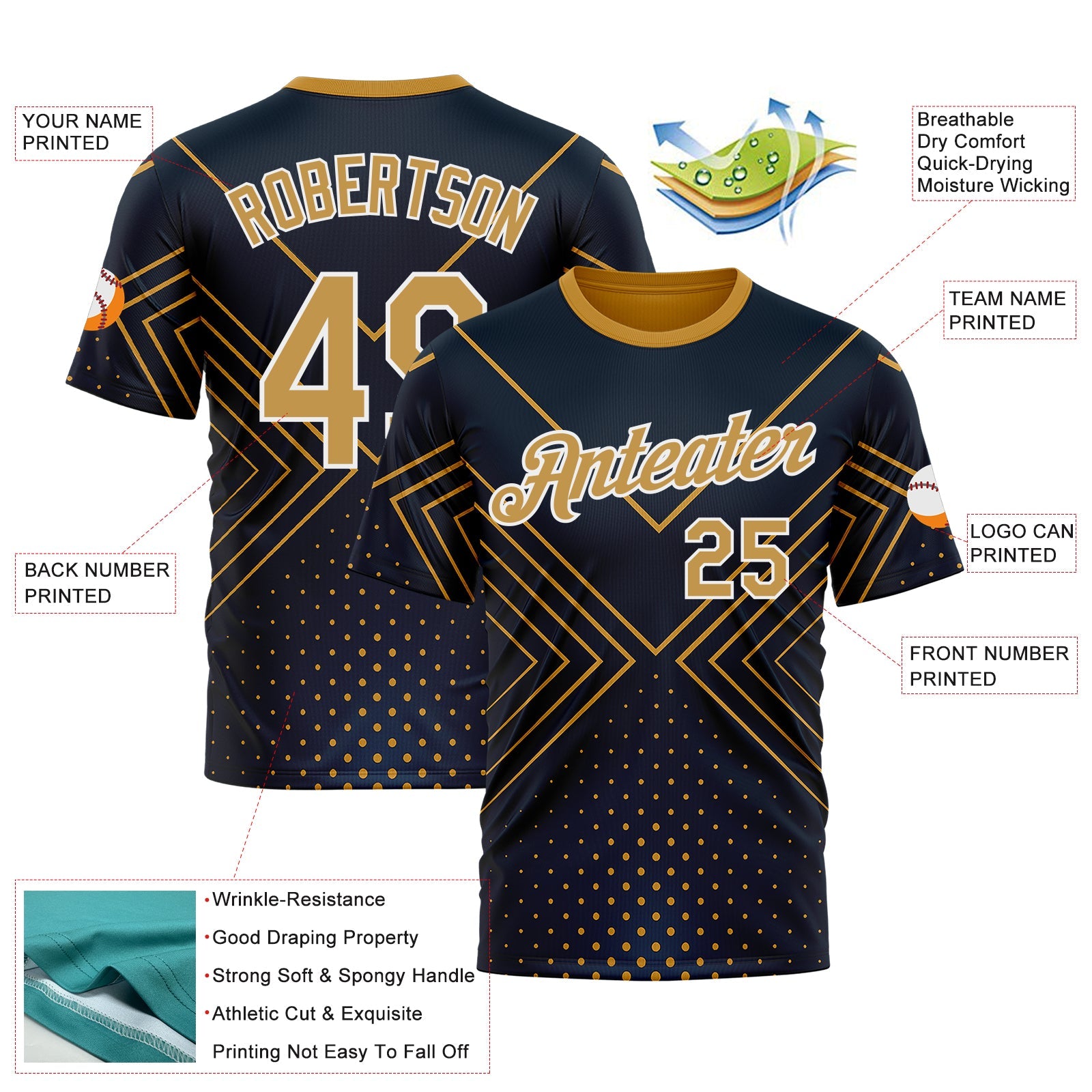 Custom Navy Old Gold-White 3D Pattern Design Geometric Shape Sportswear Performance T-Shirt view 2