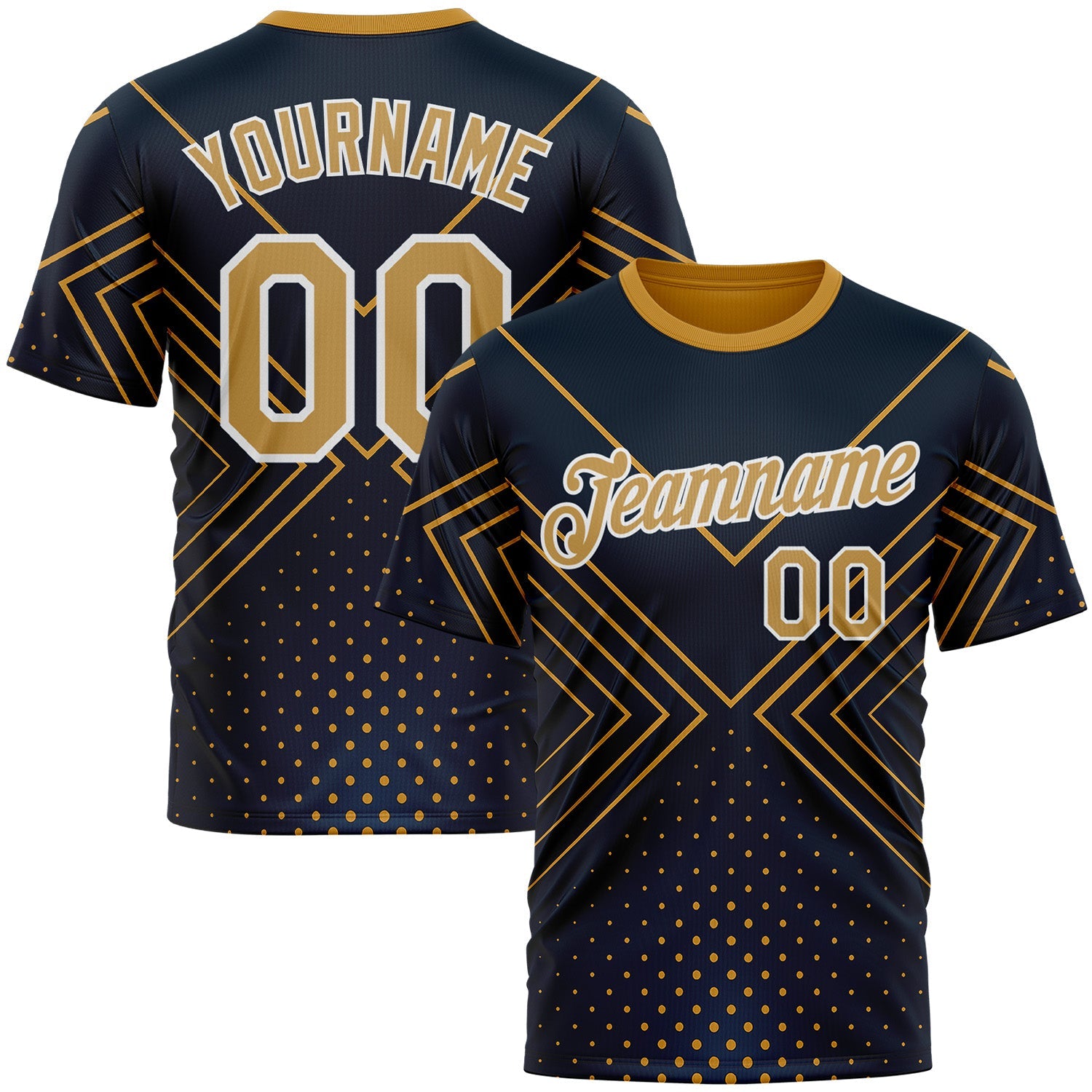Custom Navy Old Gold-White 3D Pattern Design Geometric Shape Sportswear Performance T-Shirt - Main View