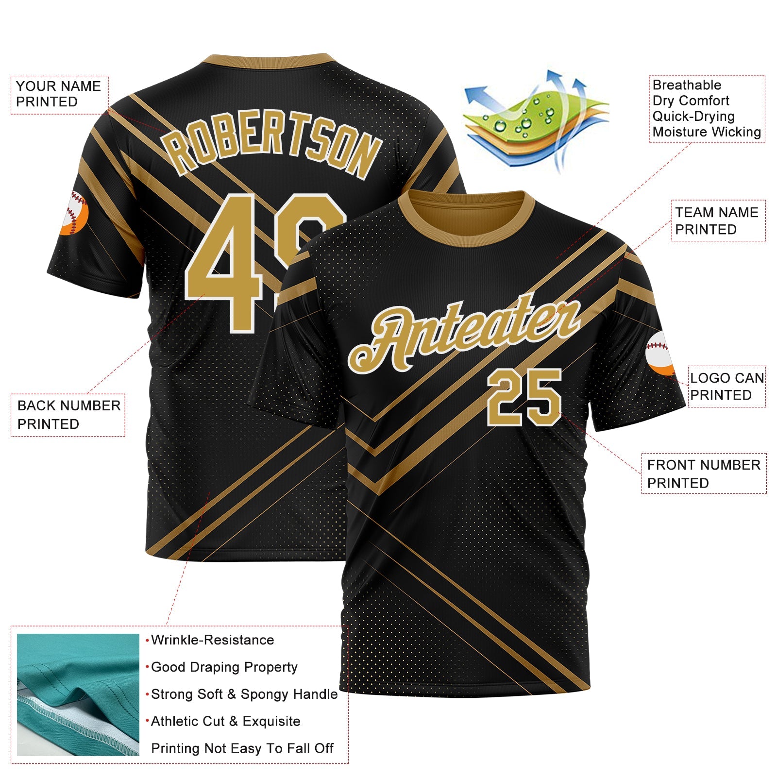 Custom Black Old Gold-White 3D Pattern Design Geometric Shape Sportswear Performance T-Shirt view 2