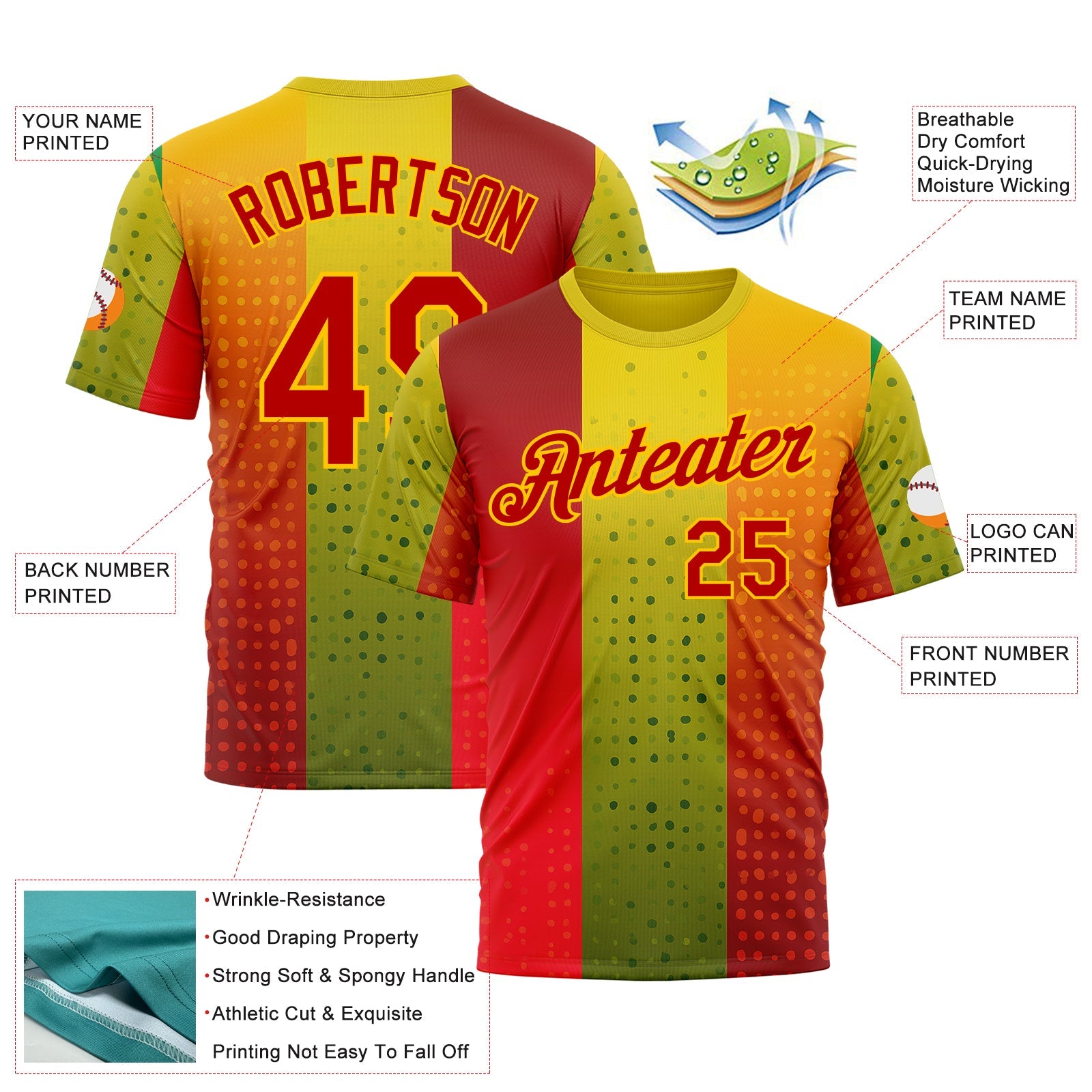 Custom Red Green-Yellow 3D Pattern Design Gradient Spain Sportswear Performance T-Shirt view 2