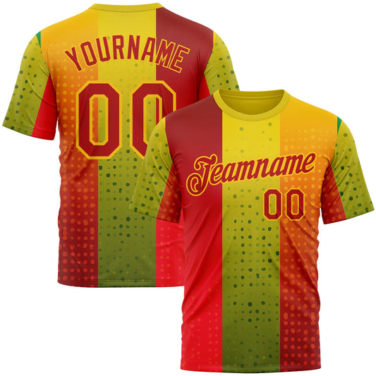 Custom Red Green-Yellow 3D Pattern Design Gradient Spain Sportswear Performance T-Shirt - Main View