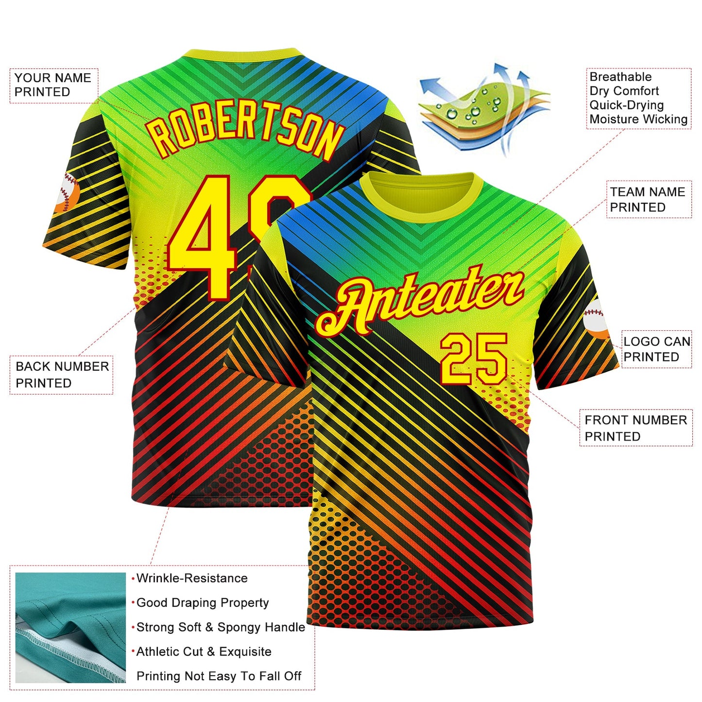 Custom Black Light Yellow Blue-Red 3D Pattern Design Neon Stripe Sportswear Performance T-Shirt view 2