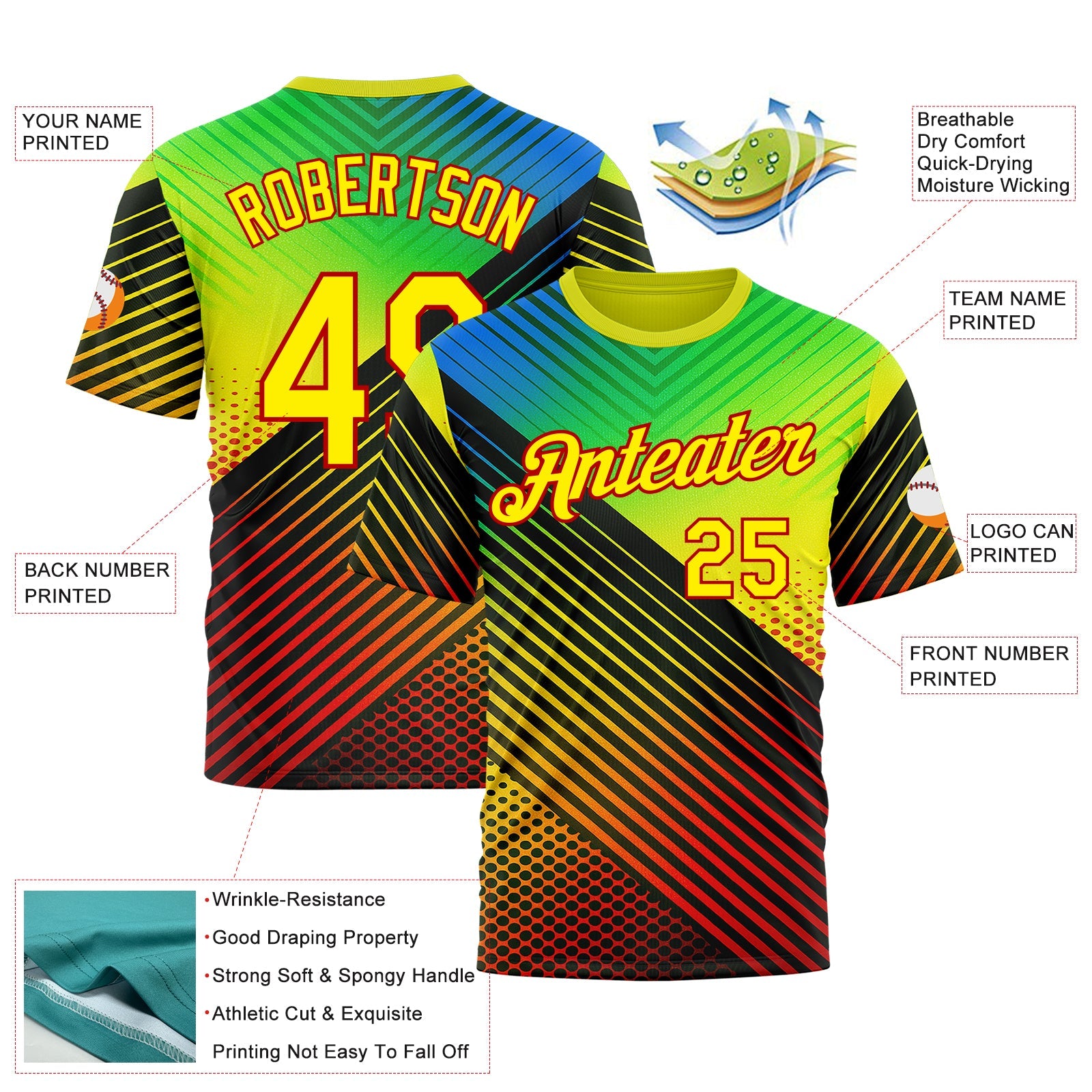 Custom Black Light Yellow Blue-Red 3D Pattern Design Neon Stripe Sportswear Performance T-Shirt view 2