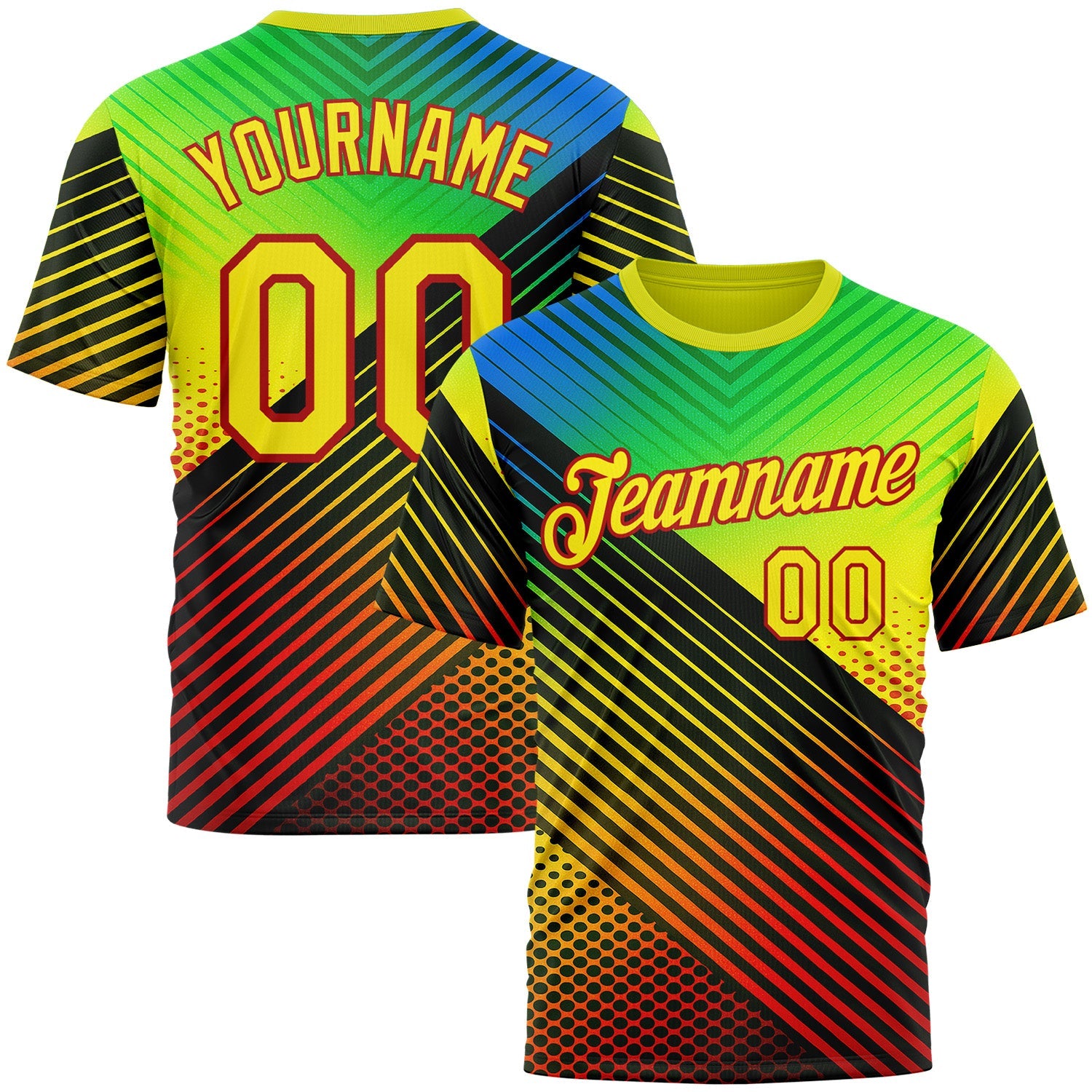 Custom Black Light Yellow Blue-Red 3D Pattern Design Neon Stripe Sportswear Performance T-Shirt - Main View
