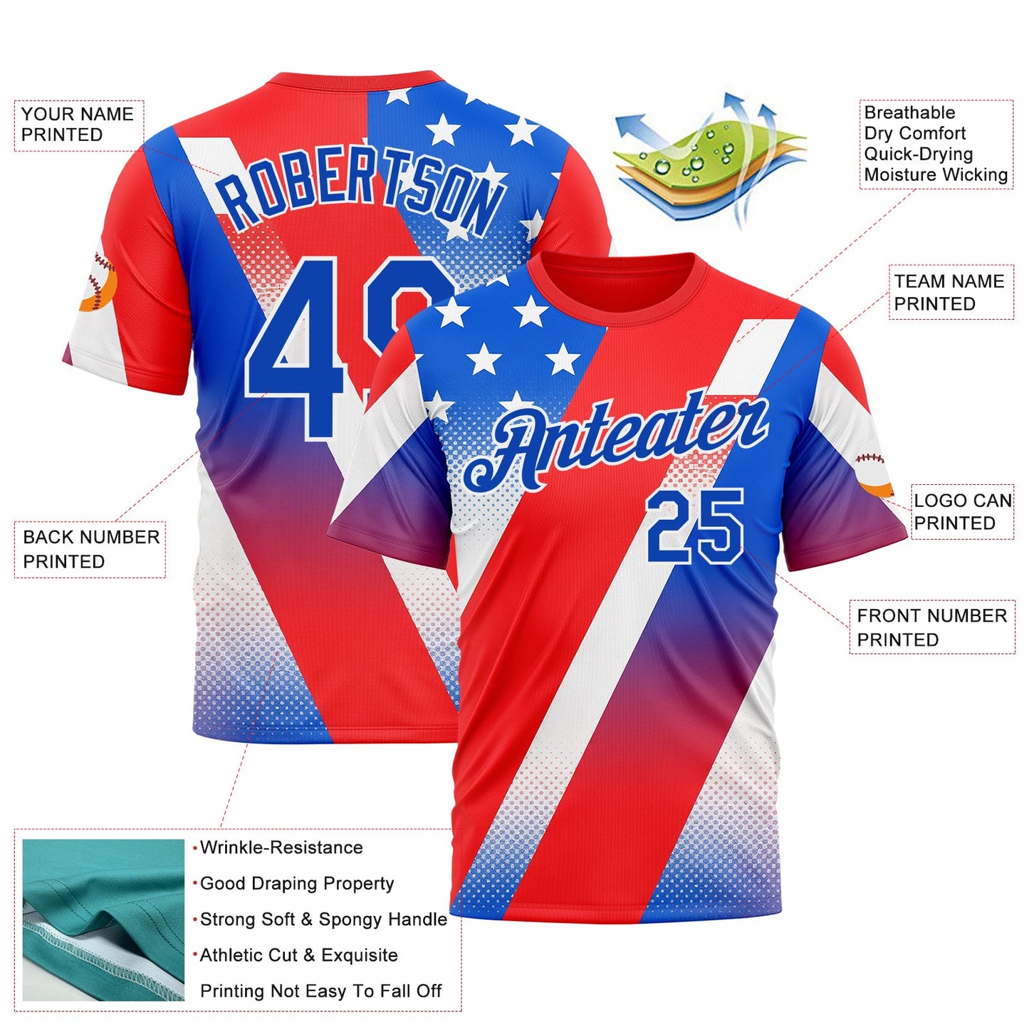 Custom Red Thunder Blue-White 3D Pattern Design USA Inspired America Sportswear Performance T-Shirt view 2