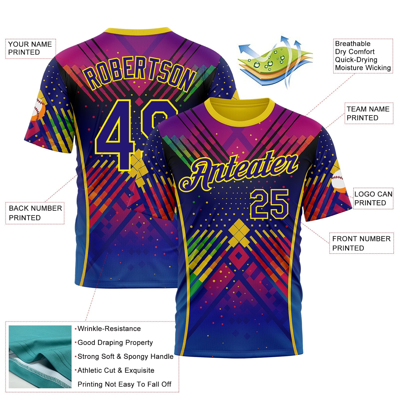 Custom Dark Purple Light Yellow-Red 3D Pattern Design Neon Chromatic Sportswear Performance T-Shirt view 2
