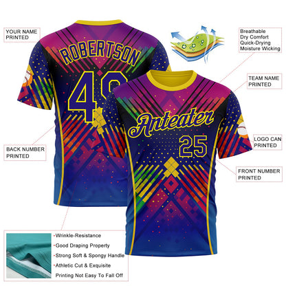 Custom Dark Purple Light Yellow-Red 3D Pattern Design Neon Chromatic Sportswear Performance T-Shirt view 2