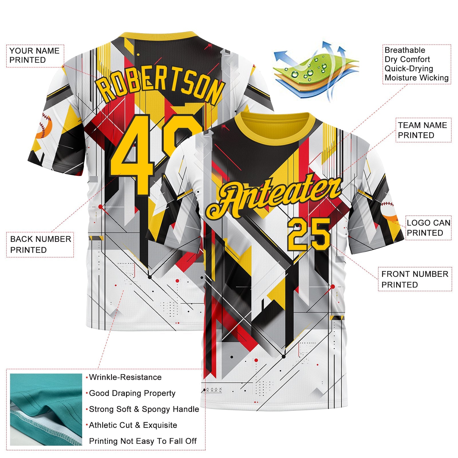 Custom White Yellow Red Black-Gray 3D Pattern Design Germany Geometric Shape Sportswear Performance T-Shirt view 2