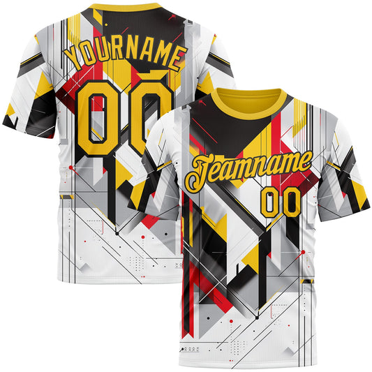 Custom White Yellow Red Black-Gray 3D Pattern Design Germany Geometric Shape Sportswear Performance T-Shirt - Main View