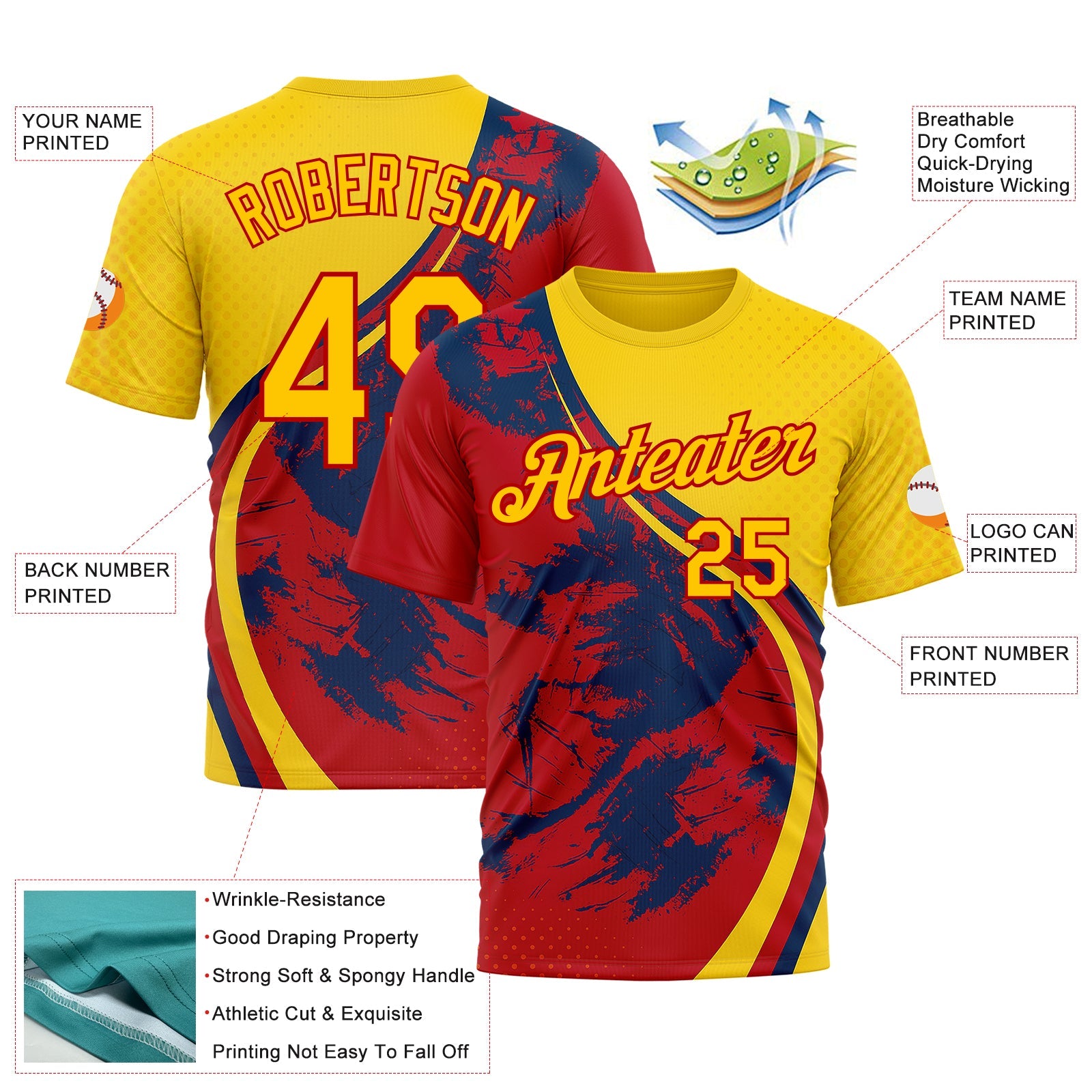 Custom Yellow Red 3D Pattern Design Spain Splash Sportswear Performance T-Shirt view 2